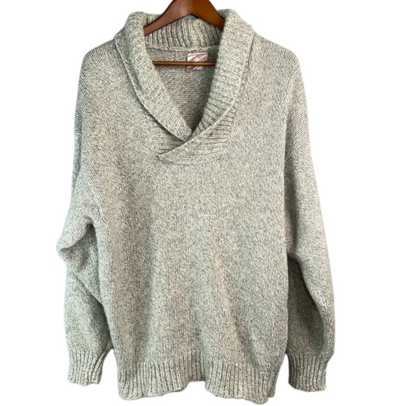 VINTAGE Men’s Hand Knit Grey 100% Wool Shawl Collar Sweater Coastal Size L - Picture 10 of 10